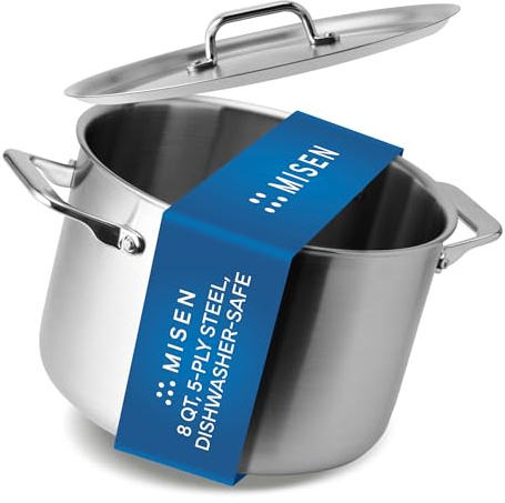 Misen 5-Ply Stainless Steel Stockpot – Large Cooking Pot for Boiling, Simmering & Stewing - Consistent, Even Heating - Durable, Dishwasher Safe – Oven-Safe to 800F, Induction Ready - 8 QT
