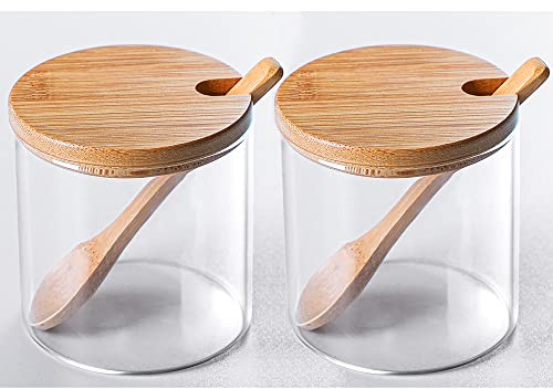 FANTESTICRYAN 2 PCS Clear Glass Condiment Canister Pots Set, Simple Stylish Decorative Storage Seasoning Container with Bamboo Lid & Spoon for Home Kitchen Café Storing Salt Sugar Spice (Round)