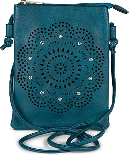 styleBREAKER Damen Mini Umhängetasche Cutout Blumen | 14,5x19 cm Crossbody-Bag aus Kunstleder, glitzernde Strasssteine, ein Hauptfach mit Reißverschluss, offenes Rückfach.