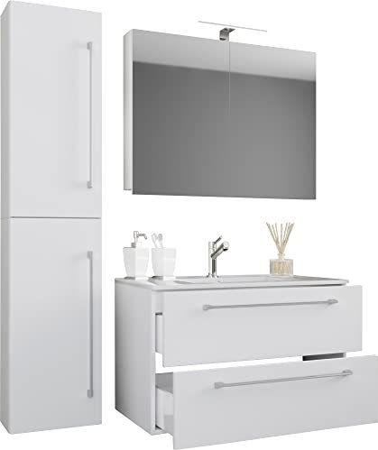 VCM 4-TLG. Waschplatz Waschtisch Badmöbel Set Waschbecken Badinos Schublade SC 60, Weiß