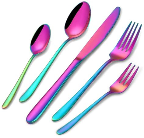 Besteck Set Regenbogen, HONKKU 30 Teilig Besteckset für 6 Personen, Edelstahl Essbesteck Set mit Abendessen Messer, Gabeln und Löffeln für Zuhause/Restaurant/Party/Bankett, Rostfrei Spülmaschinenfest