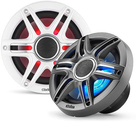 Clarion CMSP-651RGB-SWG Altavoces marinos coaxiales prémium de 6.5 pulgadas con iluminación RGB integrada, 50 W RMS, con rejillas metálicas blancas y grises