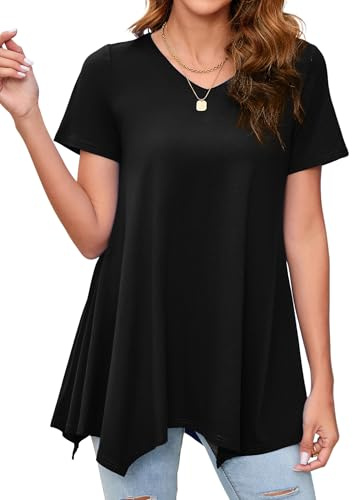 Enmain Tunique Femme Longue Été Grande Taille Blouses Col en V à Manche Courte Chemisier Chic et élégant Tuniques Ample à Floraux Motifs Hauts Femmes Couleur Unie S-3XL