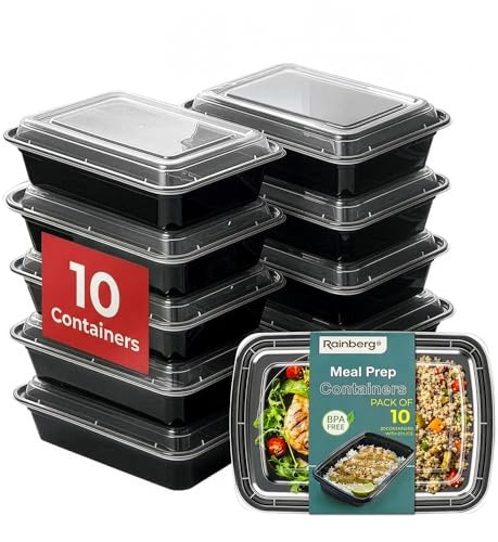 Rainberg Meal Prep Lot de 10 boîtes alimentaires en plastique noir avec couvercles, 1 compartiment, passent au micro-ondes, congélateurs, lave-vaisselle