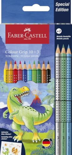 Faber-Castell - Buntstifte Set Dino, 13-teilig, inkl. Stickern | Bruchsichere Malstifte für Kinder mit 3 Metallic-Stiften und Dino-Stickern