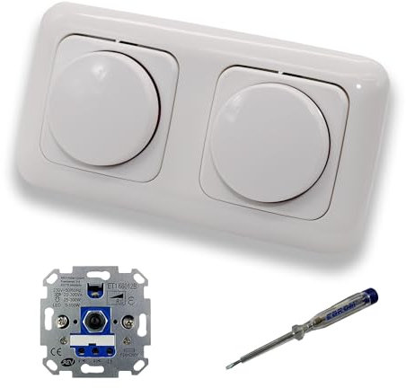 REV Ritter (2 Stück) LED Drehdimmer Dimmer + Busch Jäger Dimmerscheiben 2115-214 in ReflexSi alpinweiß glänzend im 2-fach Rahmen inkl. EBROM Phasenprüfer zur Montage der Geräte ET1 66012B