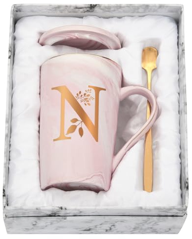 Joymaking Tasse Personnalisée Avec Lettres de l'Alphabet - Motif Floral, Nom Initiale - Cadeaux Personnels pour Femmes et Petite Amie - N - 400 ml Rose