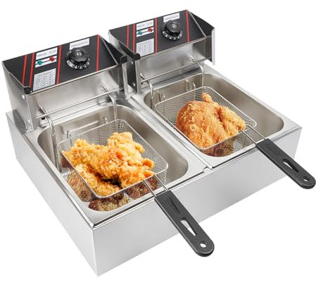 Double friteuse 2 x 5,5 l 2,5 + 2,5 kW – Friteuse avec 2 paniers en acier inoxydable & 2 plaques à résidus en acier inoxydable et 2 couvercles en acier inoxydable – Plage de température 60 à 200 °C –