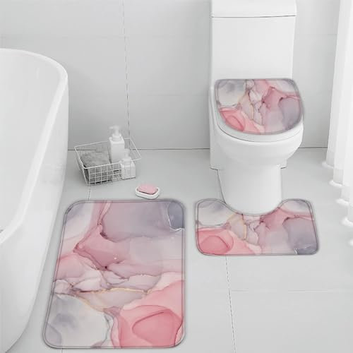 RLYXGS Marmor Badematten Set 3D Lila Rosa Gold rutschfest Absorbierend Flanell Badezimmerteppich 3-teiliges 50x80cm Waschbar Badteppich Weich Saugfähige Badvorleger mit WC Deckelbezug