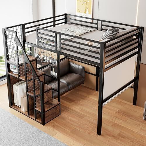 WIZBED Kinderbett Hochbett 140x200cm, Bettgestell Metallbett mit Treppe und Ablagefläche, Stockbett Funktionsbett für Kinder Jugendliche und Erwachsene, ohne Matratze (schwarz, 140x200)