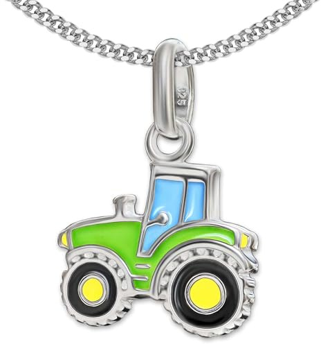 CLEVER SCHMUCK Jungen Kette Traktor Silber 15 mm bunt lackiert + Panzerkette 40 cm STERLING 925 Kinderschmuck im Etui creme