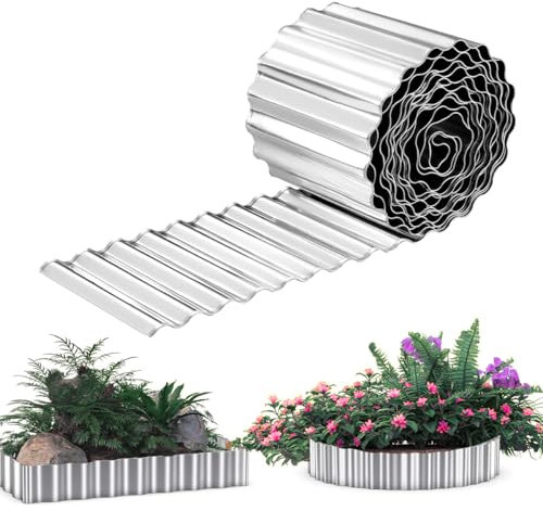 Bordure de jardin en métal ondulé, 20,3 cm x 6,1 m, en métal galvanisé robuste, longues bandes flexibles pour parterres de fleurs surélevés, arborescences - Argenté