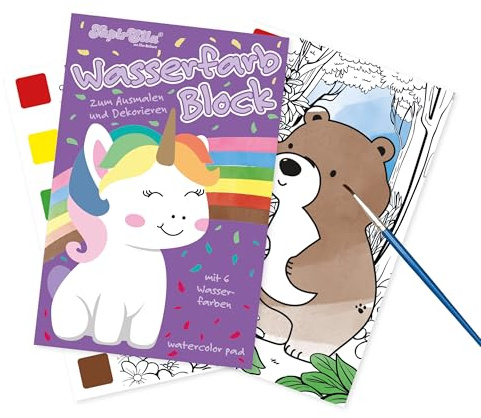 Lutz Mauder Malbuch mit Wasserfarben für Kleinkinder und Kinder im Alter von 1-3 und 2-4, Aquarell-Malpapier, magisches Buch TapirElla Einhorn mit Pinsel
