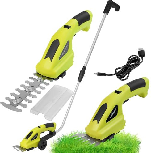 DEWINNER Akku Heckenschere mit Teleskopstiel, 2-in-1 Gartenschere, Schnittbreite Grasschneideblatt 100 mm, Strauchscherenmesser 140 mm, Akku Strauchere und Grasschere 7,2 V, mit Typ C Kabel