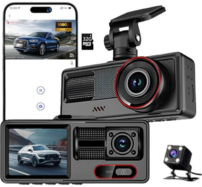 MYDASHOFF Dashcam pour Voiture Facile d'installation 1080P haute définition WIFI 3 caméras Avant Arrière,Carte SD 32Giga,Camera Grand Angle 170°,Vision Nocturne,WDR,G-Capteur,Mode Stationnement 24/24h