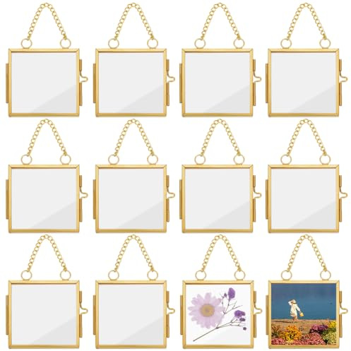 OLYCRAFT 12 pz Mini Cornice in Vetro Sospesa 5.4cm Cornici per Foto da Appendere alla Parete Cornice Quadrata in Vetro Doppio con Catena Cornice in Ottone Cornici per Espositori di Opere d'Arte