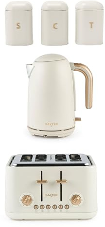 Salter Pebble Kettle, Toaster & Countertop Set - 1.7L Fast Boil Electric Water Kettle, 4-Slice Toaster with 6 Browning Levels, Tea, Coffee, Sugar Canisters, Powder Coated Carbon Steel, Stone