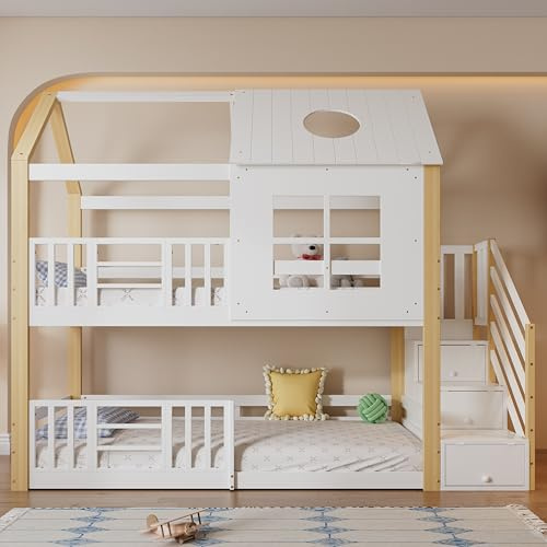Merax Etagenbett 90x200 cm mit Stauraum und Aufbewahrungslösung, Bettgestell aus Kiefer und MDF, Weiß/Natur, ohne Matratze