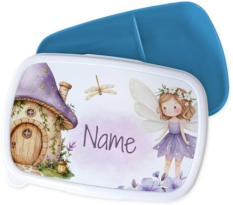 GRAZDesign Contenitore per il pranzo personalizzato per bambini con nome, blu e rosa con divisorio, motivo fata con casetta