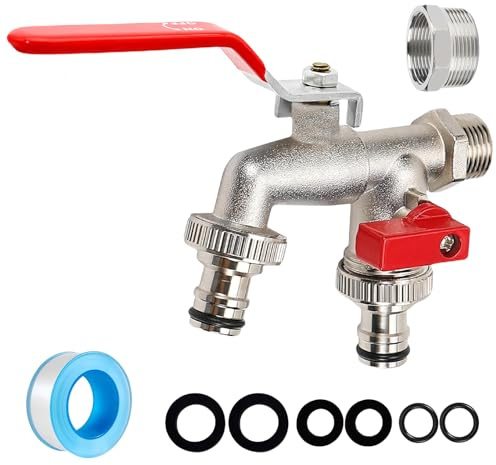 Brass Double Garden Tap, Heavy Duty Outdoor Hose Connector with Dual Shut Off Valves,1/2 & 3/4 Tap Adapter Frost Resistant Outdoor Leakproof Hose Pipe Fittings for Garden Patio & Lawn