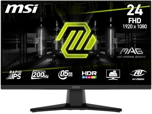 MSI MAG 242F 24 tum FHD-spelskärm - Rapid IPS-panel 1 920 x 1 080, 200 Hz/0,5 ms, HDR Ready, AMD FreeSync Premium, HDMI 2.0b, DP 1.2a, kantlös design, lutningsbar, VESA-kompatibel, svart