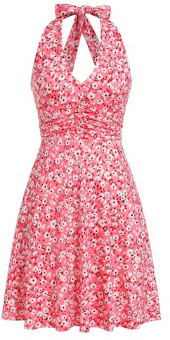 IBAKOM Robes d'été pour Les Femmes: Sexy Fleur Soleil Jupe Col V Volants A - Ligne Robe à Dos Découvert-Cocktails Décontractés Beach Party