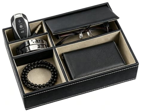 LN COZY CORNER PU Leather Valet Tray Organizer 5-Compartment Nightstand & Desk Catchall for Men/Women Storage Box for Phone, Wallet, Keys, Jewelry, Watch, Sunglasses 26 x 18.7 x 5.3 cm (Black)