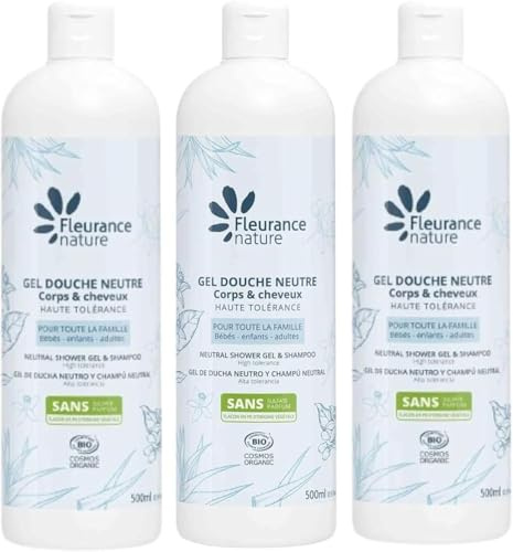 Fleurance Nature- Gel douche Neutre-Certifié Bio Cosmos Ecocert- 500m-(Lot de 3) ph neutre, sans savons- sans parfums- extra doux- pour peau sensible et atopique- pour adulte, enfant et bébé- 23143