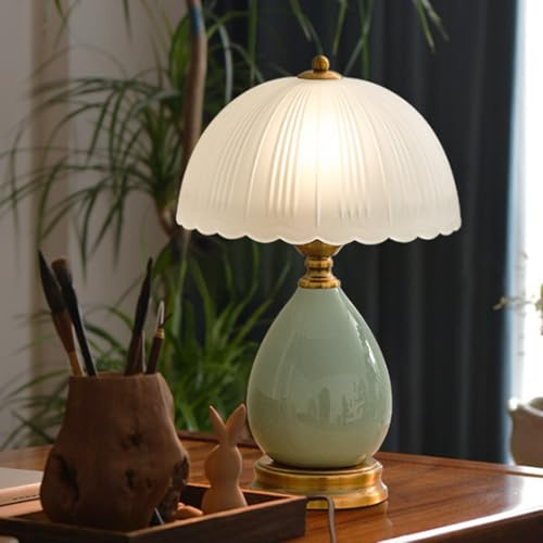 Mengjay Tischlampe Retro Keramik,E27 Nachttischlampe Lampenschirm aus Glas,Nachttisch Lichtdekoration Schreibtischleuchten,für Schlafzimmer Wohnzimmer Büro Deko (Grün)