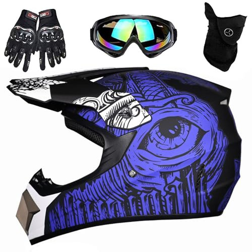Motocross MTB Helm Fullface Motorradhelm Herren Kinder Jugend Erwachsener Motorrad Professional Helm mit Goggles Handschuhe Gesichtsschutz(Blue Order,L(56-57cm))