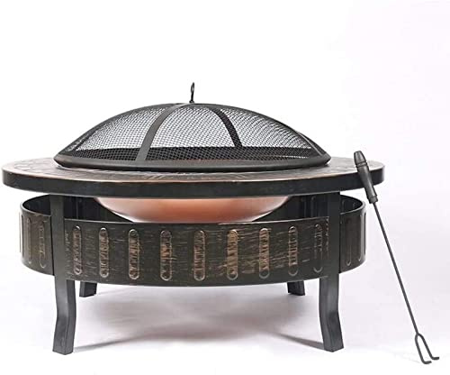 ZJFHEYUO Garten-Feuerstelle, tragbarer Grill, Grillrost, Feuerstellen für den Außenbereich, runde 81,3 cm große Feuerstelle aus Metall mit Sockel, Funkenschutz, Werkzeug zum Anheb