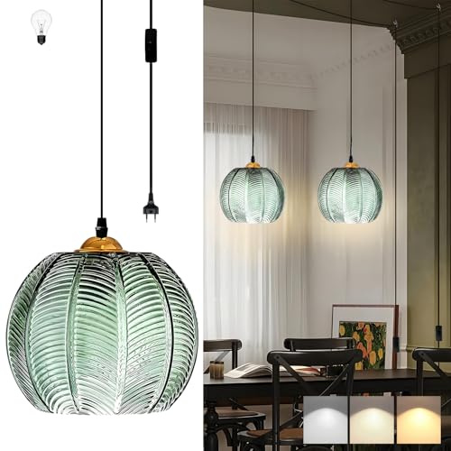 DTSDWA E27 Pendelleuchte Glas Vintage Hängelampe mit Stecker Höhenverstellbaren Kronleuchter mit 4.5M Kabel Grün Kugelförmige Hängeleuchte für Wohnzimmer Schlafzimmer Kücheninsel (inkl. Birne)