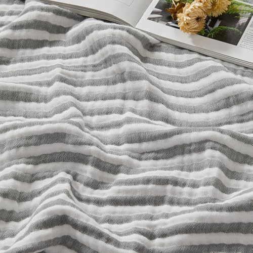 EMME Musselin Decke 100% Baumwolle 127x177 Gestreift Tagesdecke | 4-Lagig Weiche Atmungsaktive Sofadecke & Überwurf Für Erwachsene Ganzjährig Vorgewaschen Couch Bettdecke