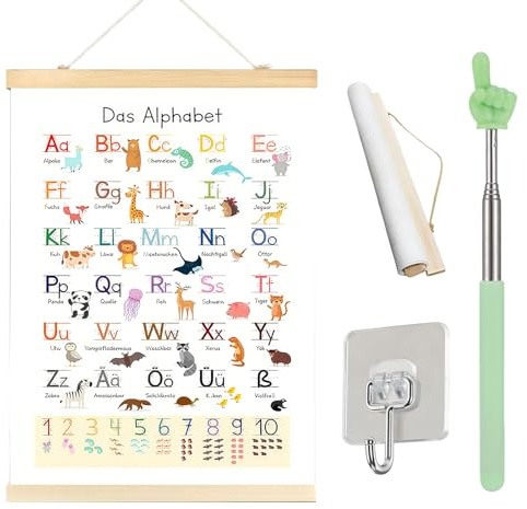 LZYDKH ABC Poster, Alphabet und Zahlen Alphabet Wanddeko Anlauttabelle Lernposter Übungsblätter Wanddeko mit Fingerlesestab und Haken für kinderzimmer kindergarten 40x60cm