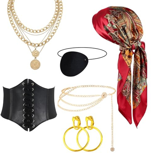 BMYUK Costume da pirata da donna, medievale, accessorio per costume da pirata, collana, cintura per fianchi, orecchini per carnevale, decorazione per feste pirata, cosplay