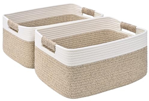 2 Pack Large Storage Basket for Organizing, 17.5x13x7 Woven Basket for Shelves, Closet Cube Storage Bins with Wrapped Handle, Cotton Rope Baskets for Kitchen, Clothes, Toys(Off White & Brown)