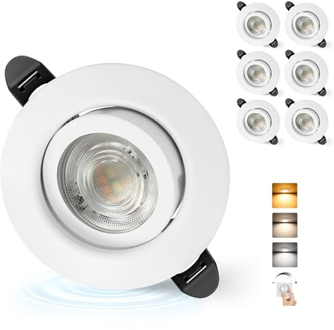 Aulaiyi LED Einbaustrahler 230V Dimmbar 68mm 5.5W IP44 LED Spot Ultra Flach | 45° Schwenkbar Deckenspots, Einbauleuchten 3000K/4000K/6000K, Spots Deckenleuchte für Bad Wohnzimmer Küche, Weiß 6er Set