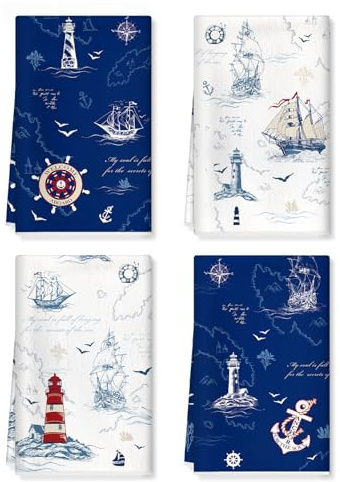 Arquiel Leuchtturm Maritim Geschirrtücher Baumwollanteil 4er-Set 42 x 70 cm | Geschirrtücher aus Baumwollanteil, Motiv: Leuchtturm Maritim; saugfähig und pflegeleicht zum Abtrocknen in der Küche.
