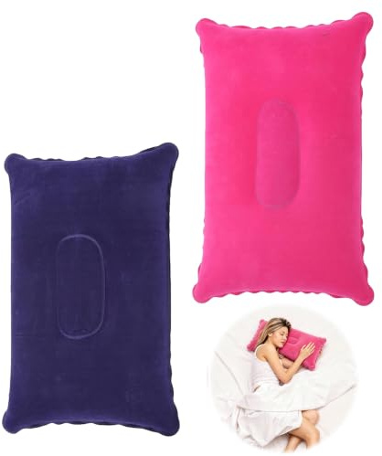 Inflatable Pillow for Travel Camping Beach Blow Up Pillows for Sun Lounger | 2 Pcs Flocked Portable Neck Lumbar Support Cushion Ultralight Compressible Air Pillows for Backpacking Hiking