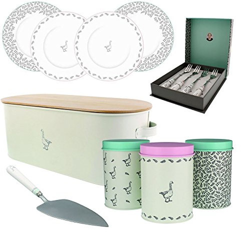 Mary Berry Collection® Jumbo Kitchenware Accessory Set: Bread Bin, 3PC Storage Tin, 4PC Cake Plates, 4PC Cake Forks & Cake Slice Knife - Decorative Vintage Style Goose & Fern Mary Berry Accessories