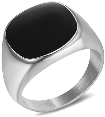 BOBIJOO JEWELRY - Bague Chevalière Cabochon Homme Femme Acier Inoxydable 316L Argenté Noir Email - 18,5 (8 US)