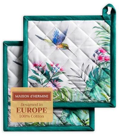 Maison d' Hermine Set di presine, 100% cotone, resistenti al calore, 20 cm x 20 cm, con anello per barbecue, per maneggiare padelle calde, Primavera Estate (Tropiques, confezione da 2)
