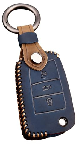 ontto Rindsleder Autoschlüssel Hülle Cover für VW Polo Golf 7 MK7 T-ROC Tiguan Touran Skoda Octavia Fabia Seat Leon Ibiza Schlüsselhülle mit Schlüsselanhänger Schlüssel Schutz Etui Fernbedienung-Blau
