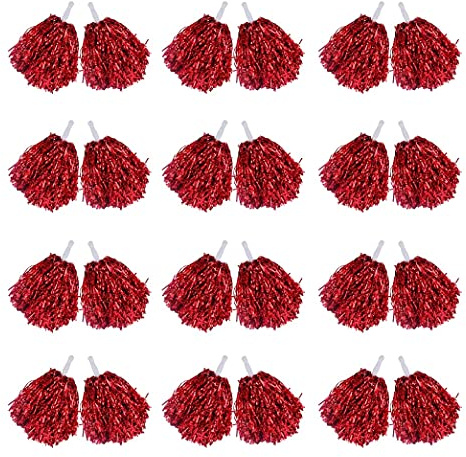 BEAUY 24Pcs Cheerleading Pom Poms Metallic Foil Cheer Pom Poms with Plastic Handle for Adults Kids Cheerleaders Red