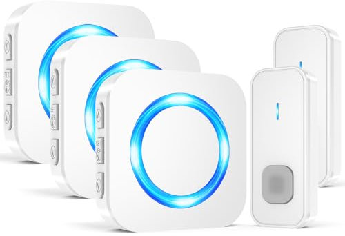 SURFOU Wireless Doorbell, Waterproof Cordless Remote Door Bells Chime Battery Operated over 1300ft Range Doorbells Kit, 2 Push Button 3 Plug-in Receiver with 55 Ringtones 5 Volume LED Flash Entry Bell