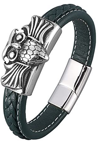 Skcess Männer Schmuck Silber，Kettenarmbänder Eule Magnetische Schnalle Lederarmband Rostfreier Stahl Lederarmband Herren 16.5cm
