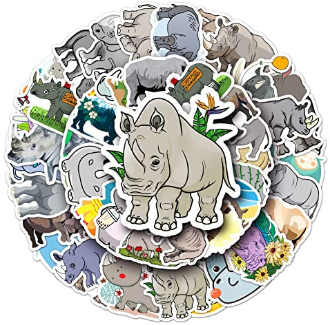 50Pcs Rhinos Stickers Laptop Car Scrapbook Phone Skateboard Suitcase Luggage Bike Animals Rhino Stickers Vinyl Waterproof Aesthetic Personalised Stickers for Teens Boys Girls Adults Children