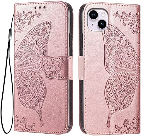 EASSGU Custodia per iPhone 14 (6.1 Inches) Flip Folio Cover Magnetica per Telefono in Pelle con 3 Slot per Schede 1 Portafoglio, Case - Oro rosa