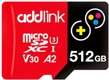 addlink Superior Gaming Carte mémoire MicroSDXC 512 Go avec adaptateur UHS-I, C10, U3, V30, A2, vidéo 4K, jusqu'à 100 Mo/s, pour Nintendo-Switch, Steam Deck, ROG Ally, smartphones, tablettes