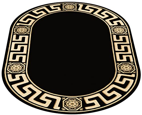 Belle Arti Teppich Oval Wohnzimmer Kurzflor Wohnzimmerteppich Schlafzimmer Flur Mäander Design in schwarz Gold - Weich Antirutsch Seidenglanz - 152x230 cm, Oval